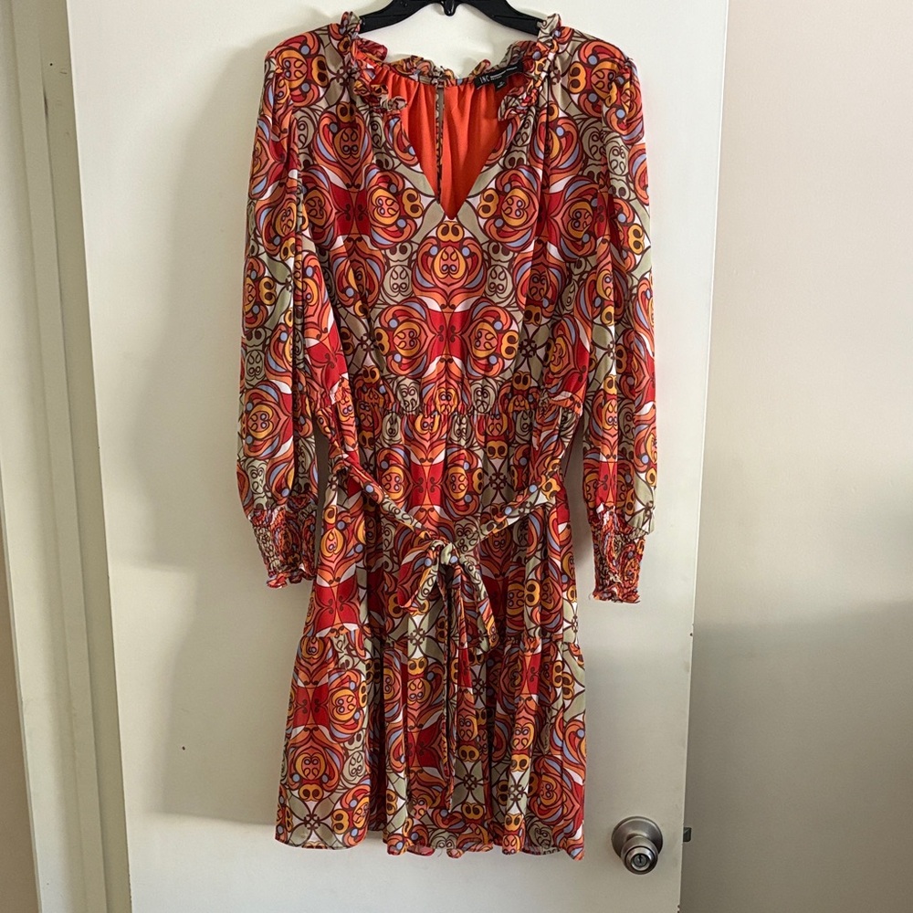 INC International Concepts Red and Orange Long Sleeve Dress